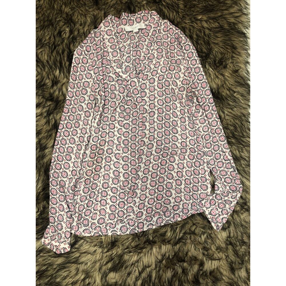 Ann Taylor LOFT Top Small Long Sleeves Multicolor Geometric Tie Neck C